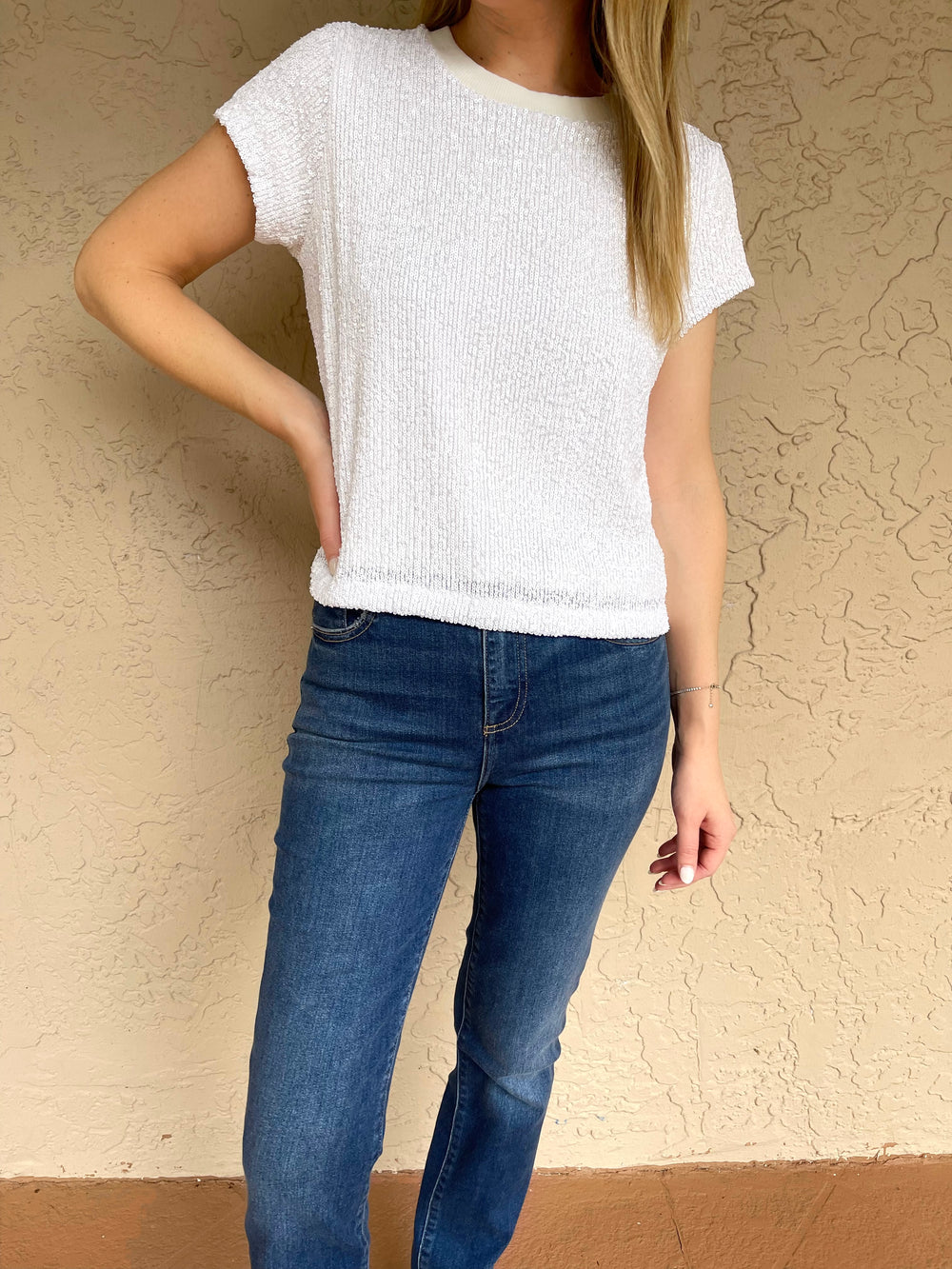 Edinburgh Knitwear Sequin Knit Top - White