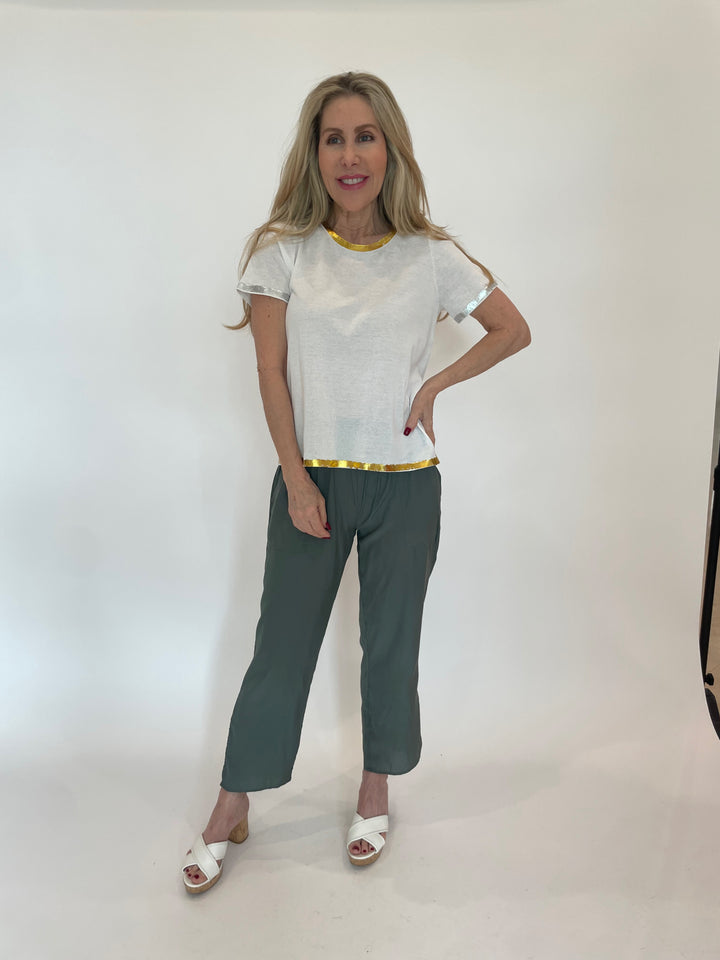 Sonya Short Sleeve Crew Top With Foil - White
