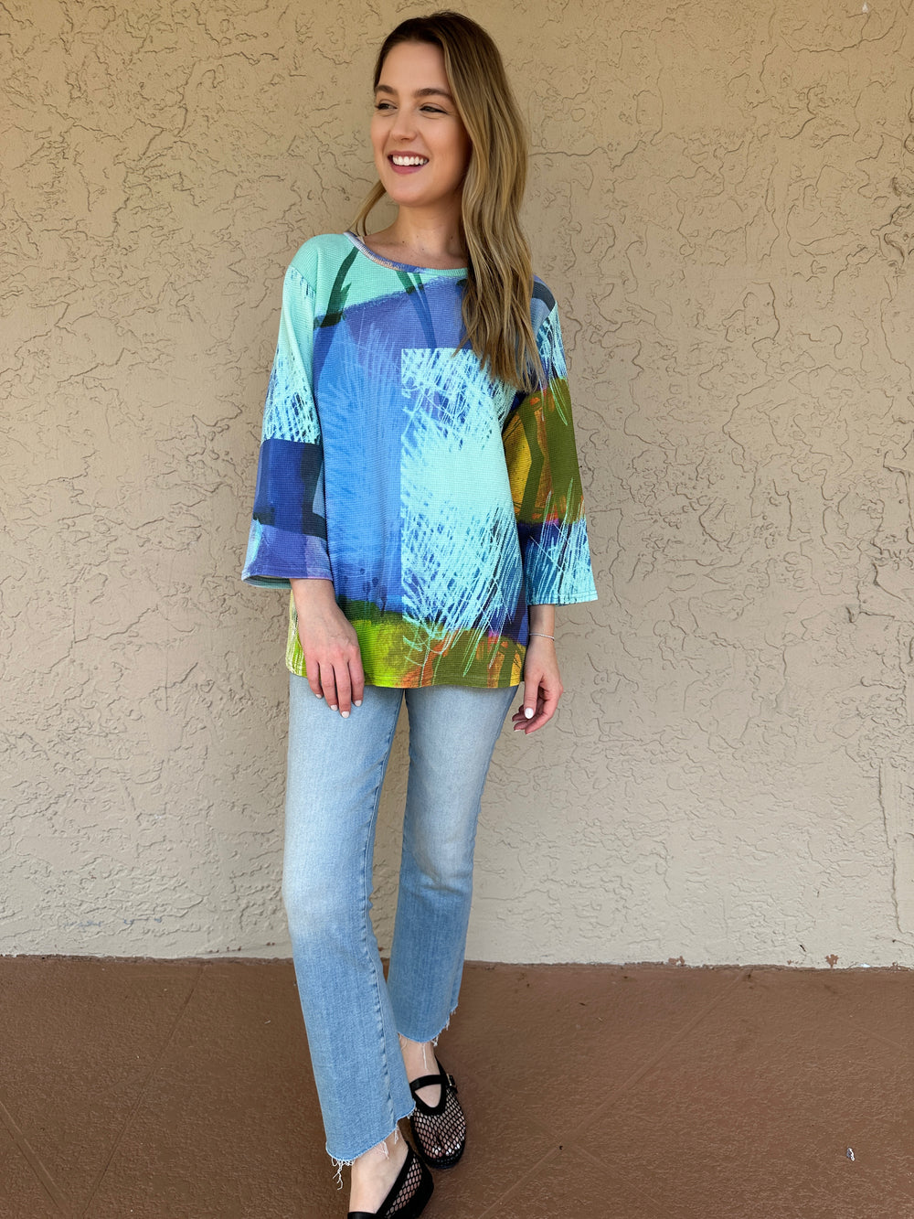 Andrea Geer Thermal Knit Aline Top - Blue Print