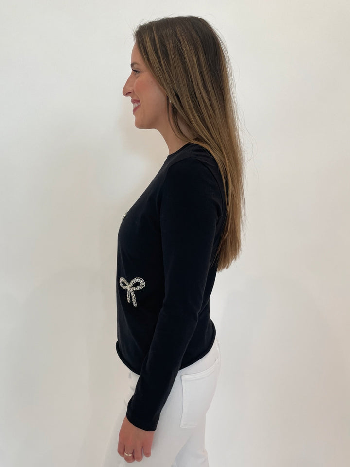 Suzy T Juliet Long Sleeve Tee With Crystal Bows in Black available at Barbara Katz