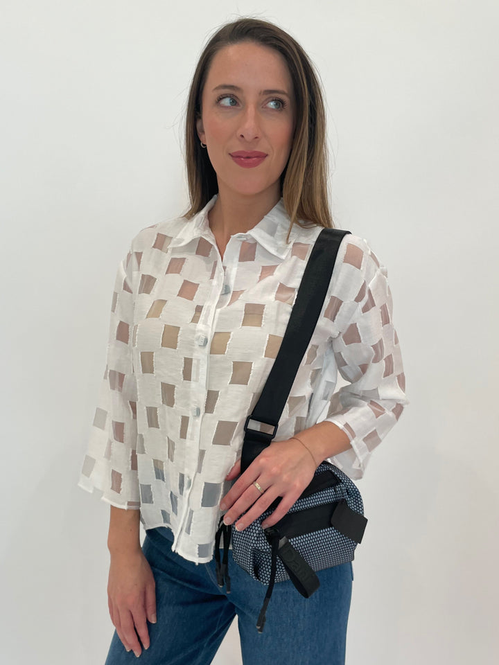 LIV by Habitat Alina Outside The Box Tunic in White with Daniella Lehavi Bonnie Mini Crossbody Bag in Arctic Blue available at Barbara Katz