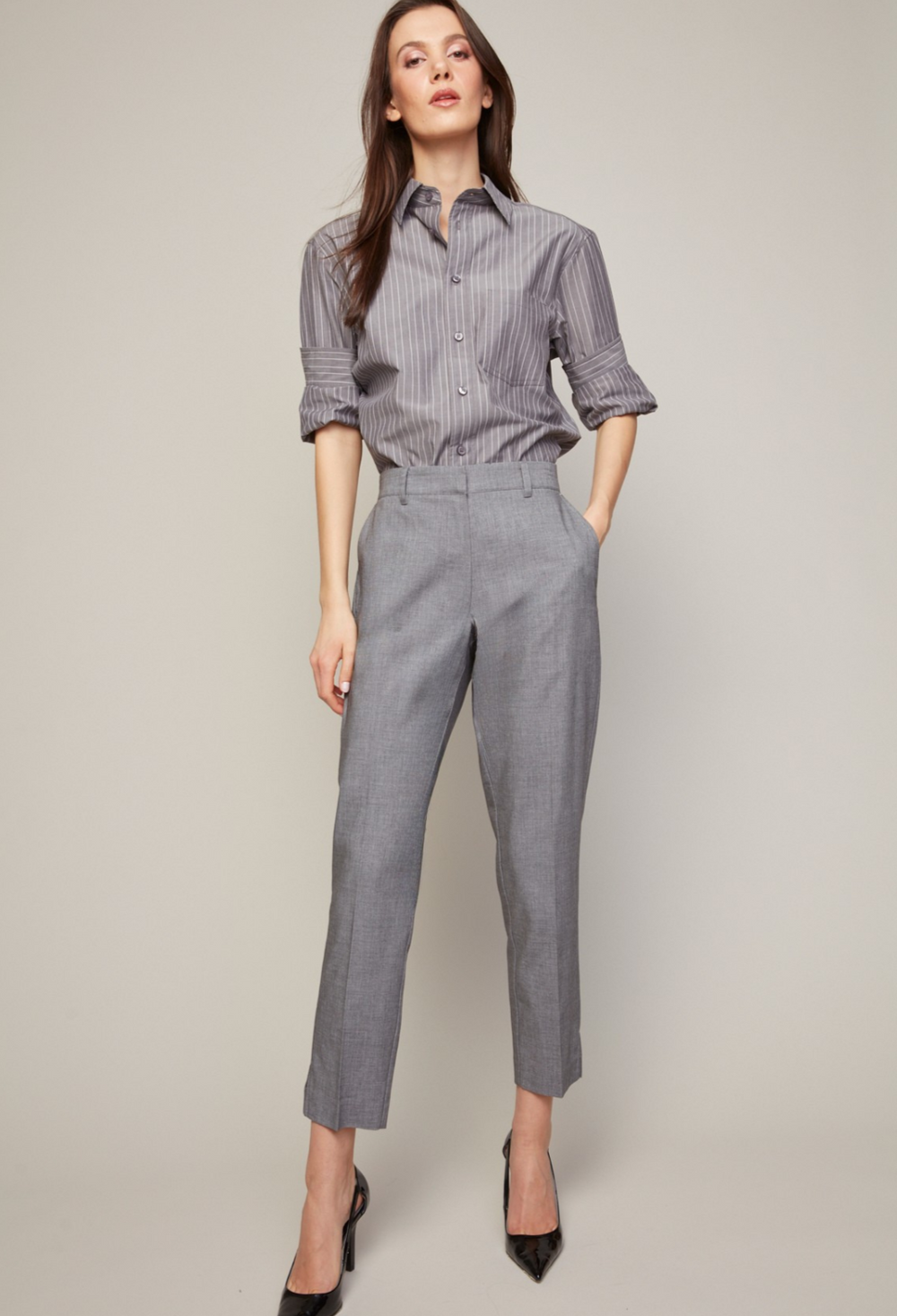 Adroit Atelier Bruce Slim Leg Ankle Pant With Slit in Light Charcoal available at Barbara Katz