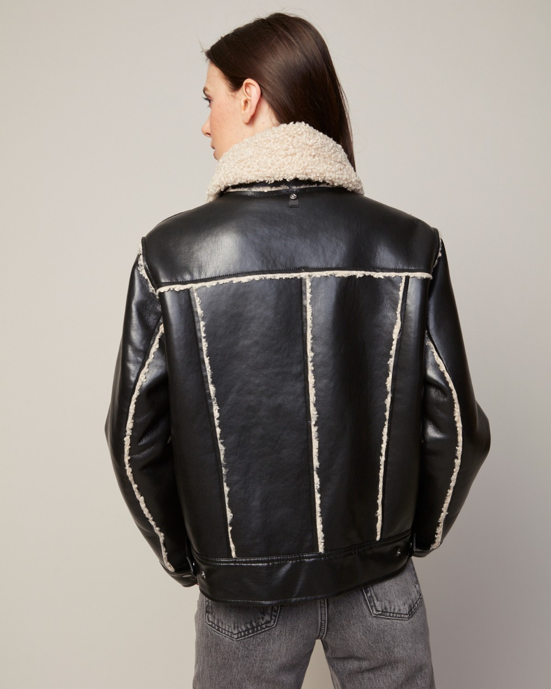Adroit Atelier Parker Bonded Vegan Leather Aviator Jacket With Collar in Camel/Black available at Barbara Katz