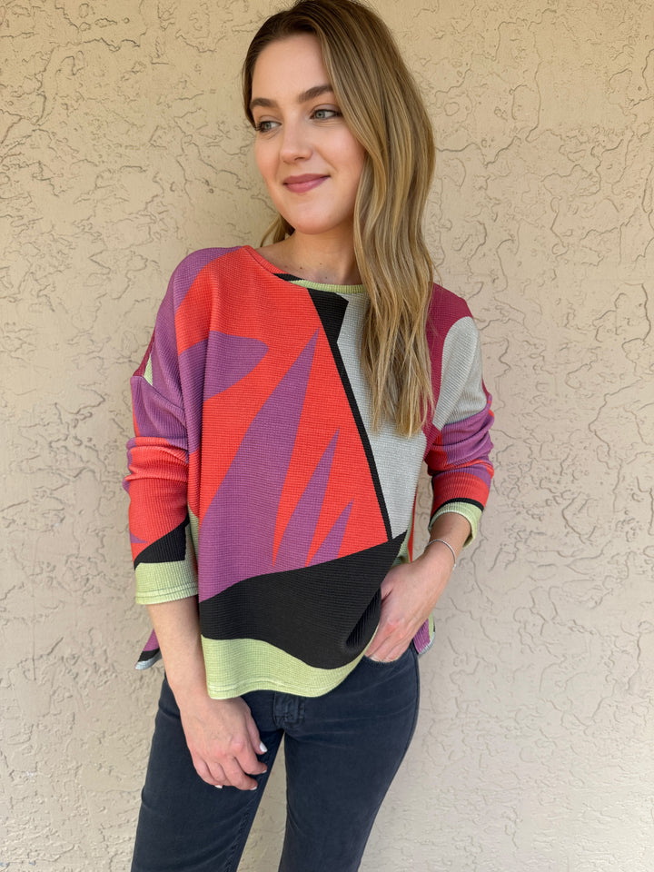 Andrea Geer Thermal Knit Crop Boxy Top - Multi Print