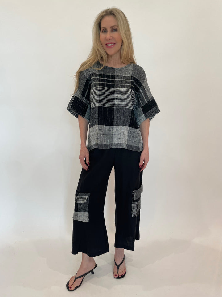 Chalet et Ceci Alba Linen Plaid Top in Black paired with matching Dallas Linen Plaid Pant in Black available at Barbara Katz