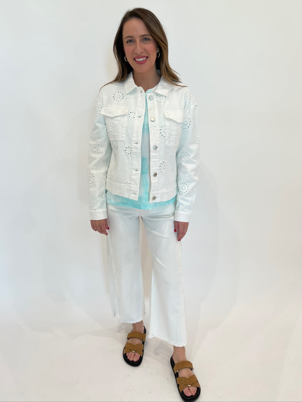 Elliott Lauren Eye Contact Eyelet Jacket in White paired with Lysse Noah Crop Wide Fringe Jeans in Ecru White available at Barbara Katz