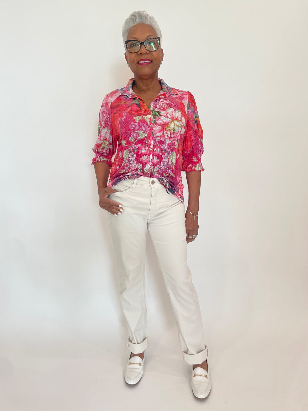 David Cline Airy Smock Sleeve Shirt in Poppy paired with MAC Denim Dream Jeans in Antique White available at Barbara Katz