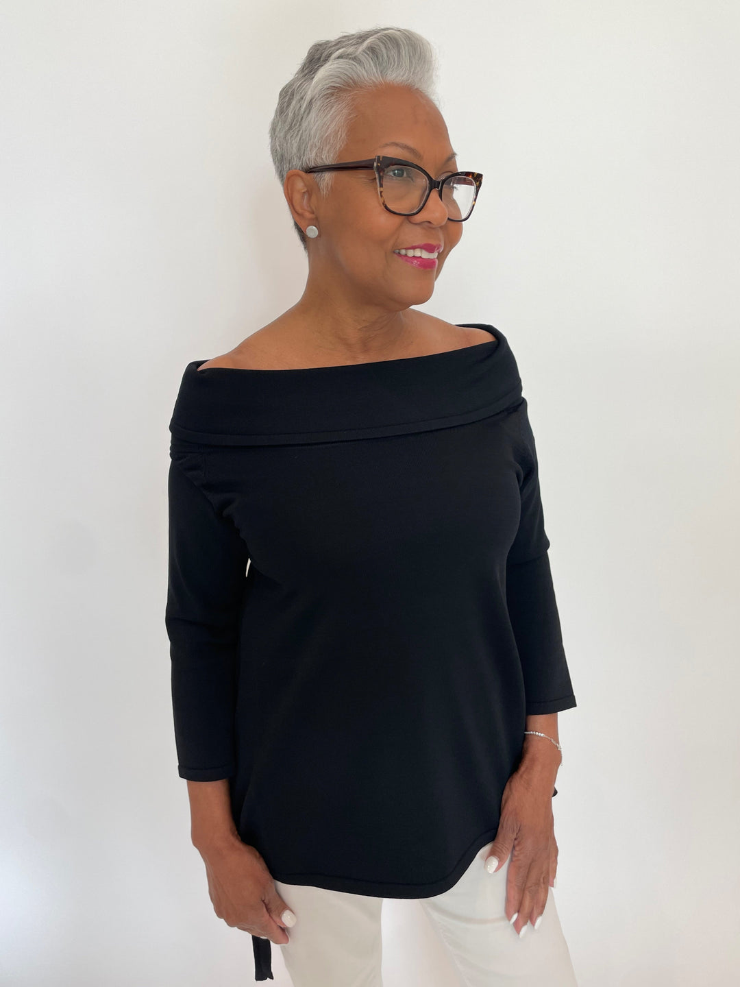 Billie Sandra Off The Shoulder Sweater in Black available at Barbara Katz