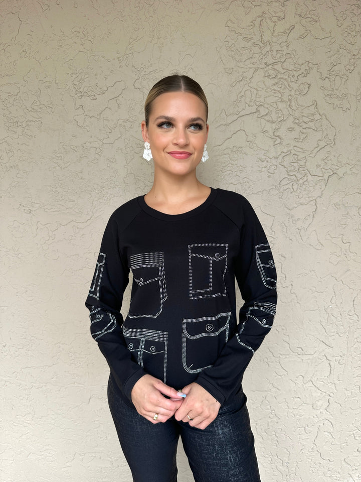 Leo & Ugo Crystal Embroidered Long Sleeve Crewneck