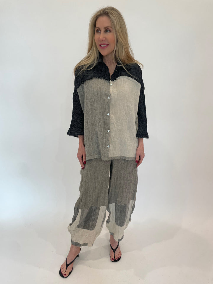 Ozai N Ku Meli Button Down Shirt in Cork paired with matching Pam Crinkle Pants in Cork available at Barbara Katz
