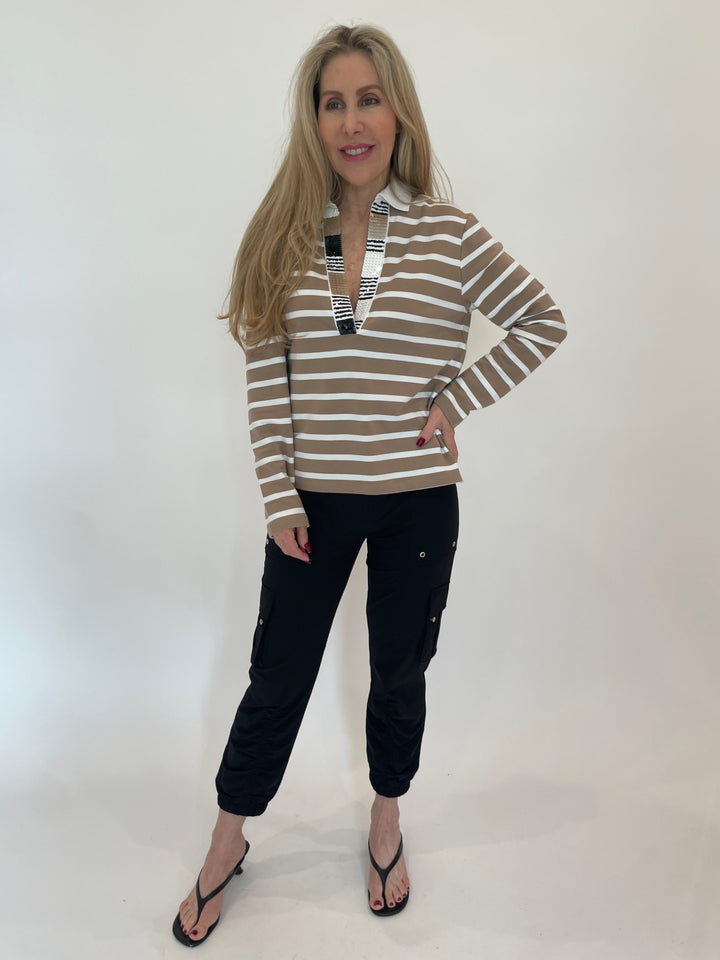 Margittes Sequin Trim Long Sleeve Stripe Polo in Macchiato paired with Peace of Cloth Britt Cargo Pants in Onyx available at Barbara Katz