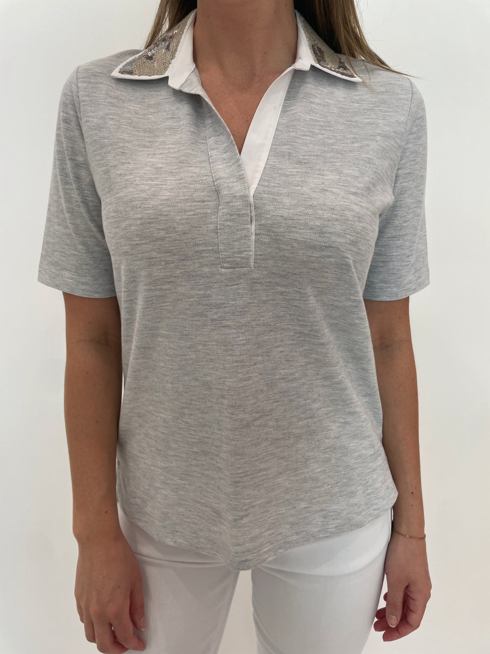 Margittes Sequin Collar Short Sleeve Polo in Silver Melange available at Barbara Katz