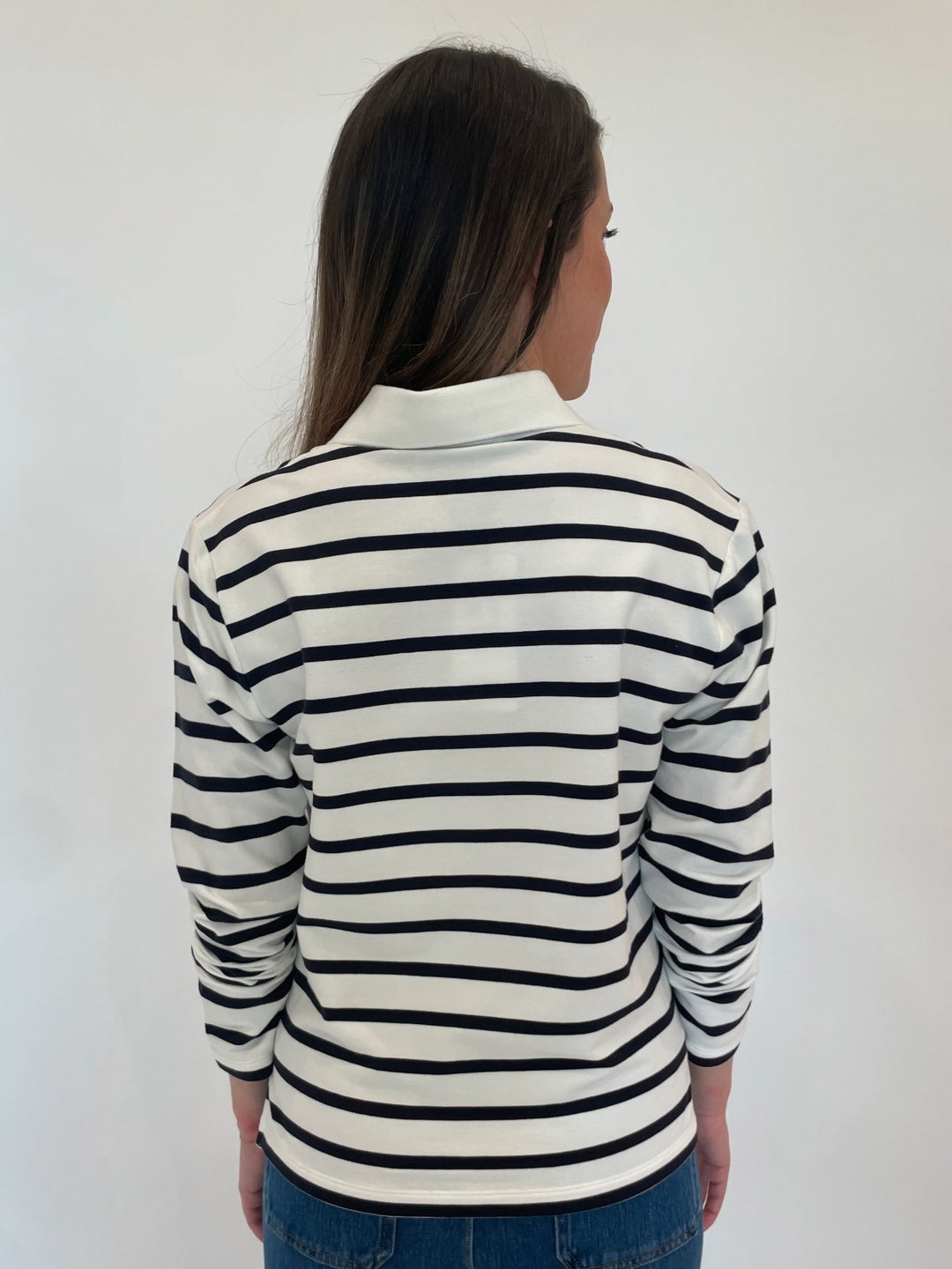 Margittes Sequin Trim Long Sleeve Stripe Polo in Marine available at Barbara Katz