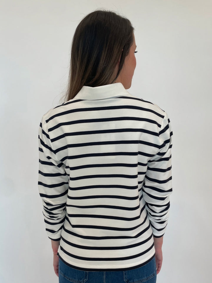 Margittes Sequin Trim Long Sleeve Stripe Polo in Marine available at Barbara Katz