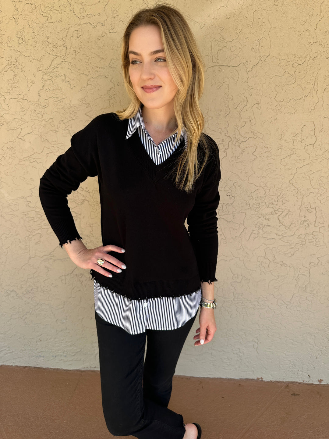 J Society Long Sleeve Stripe Twofer Layered Sweater - Black