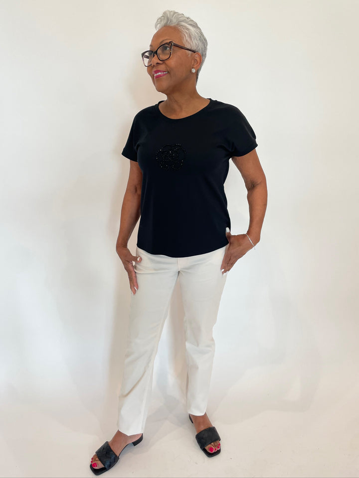 Leo & Ugo Petra Center Rose Tee in Black paired with MAC Dream Jean in Antique White available at Barbara Katz