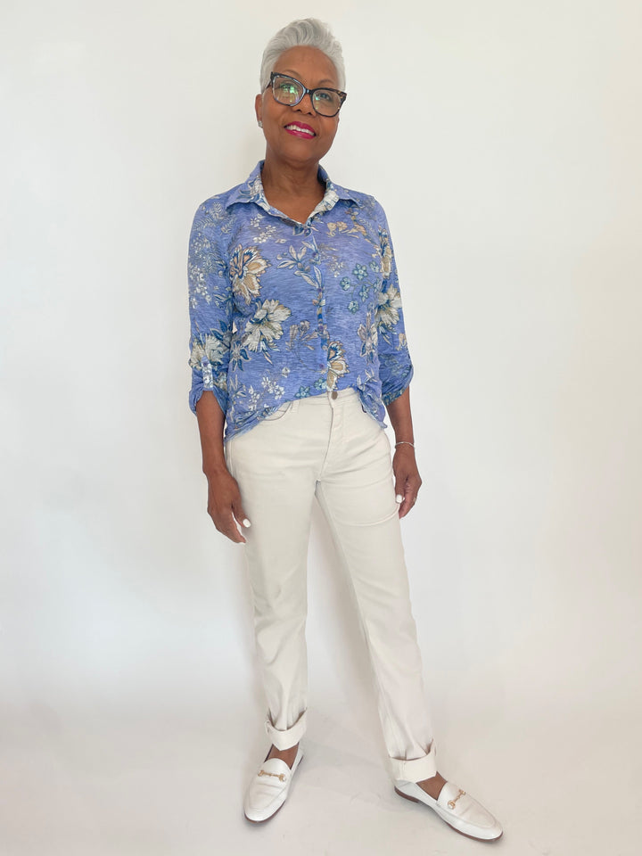 David Cline Mia Roll-Up Shirt in Capri paired with MAC Dream Jeans in Antique White available at Barbara Katz