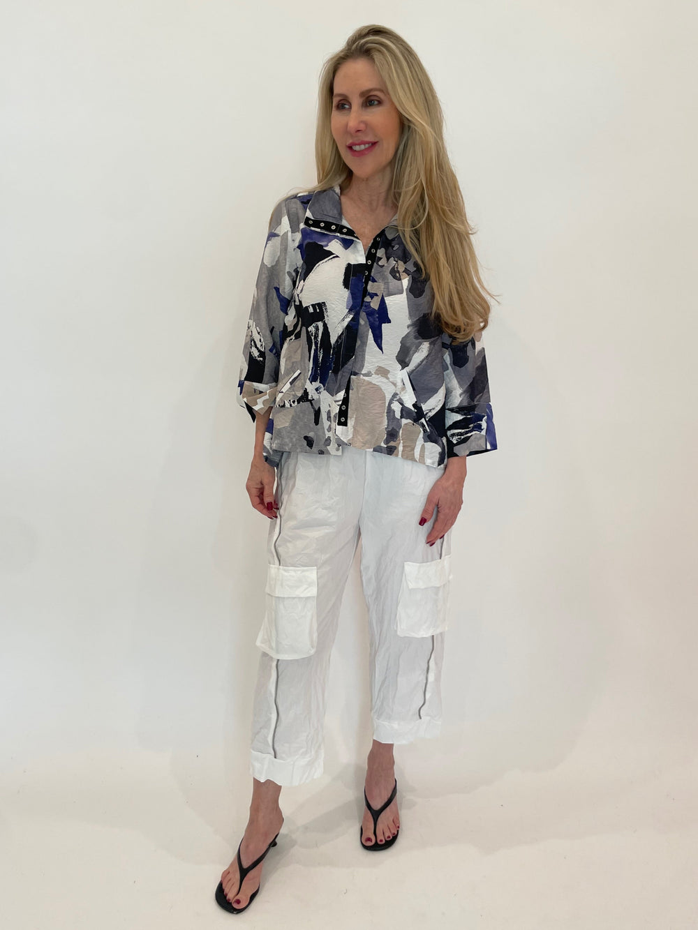 LIV by Habitat Aura Snap Front Shirt Jacket in Multi paired with Chalet et Ceci Ruelle Parachute Pants in White available at Barbara Katz