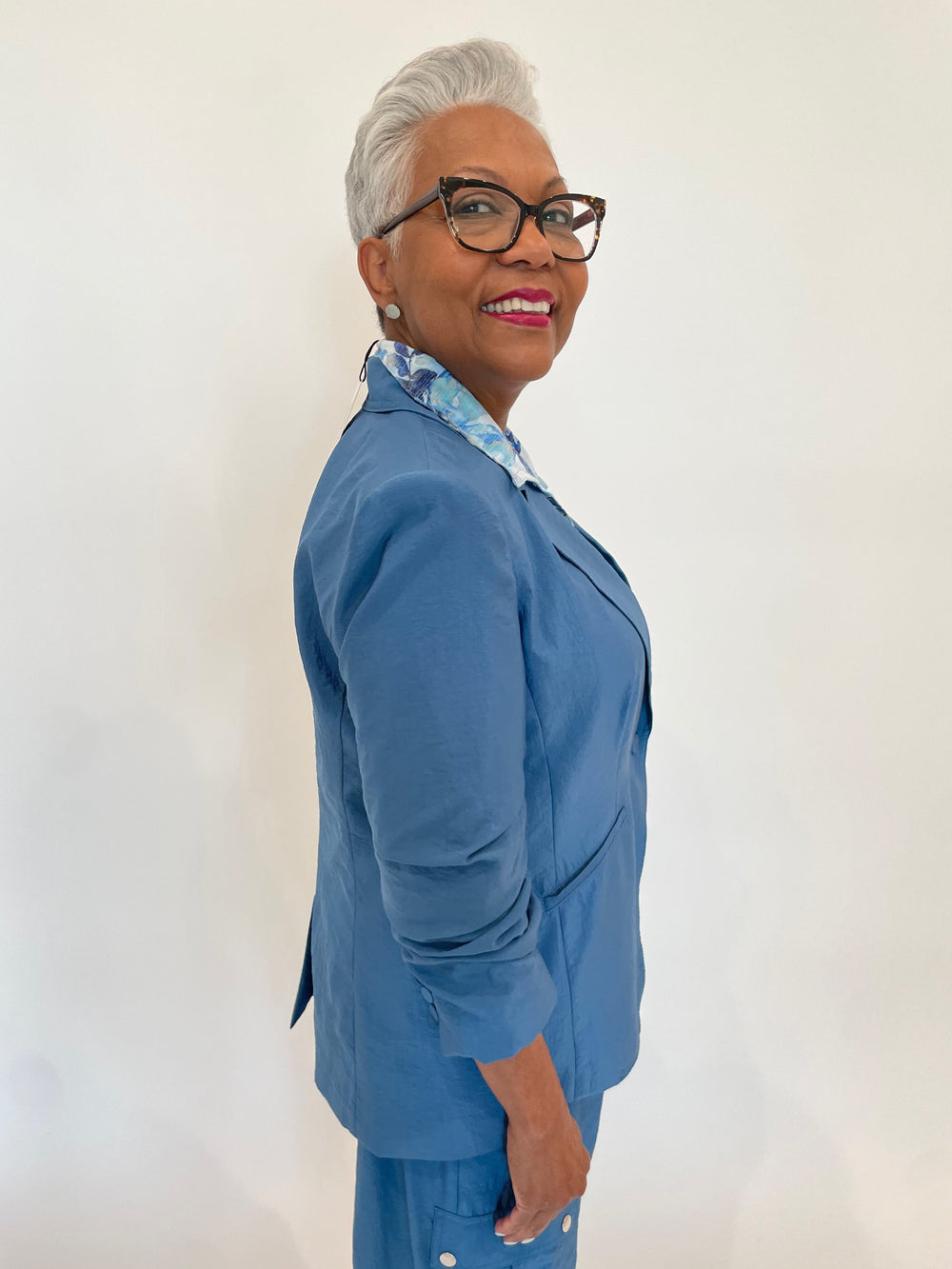 Cinq a Sept Tumbled Woven Khloe Blazer 3/4 Sleeve in Blue Corn available at Barbara Katz