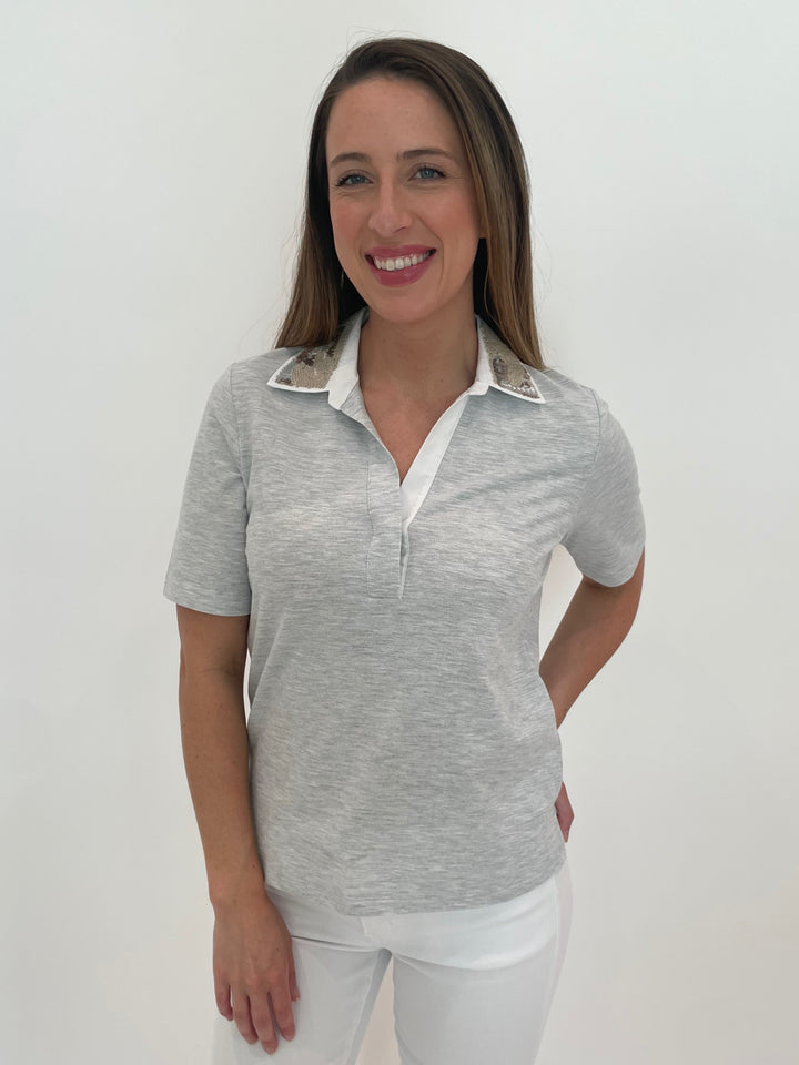 Margittes Sequin Collar Short Sleeve Polo in Silver Melange available at Barbara Katz