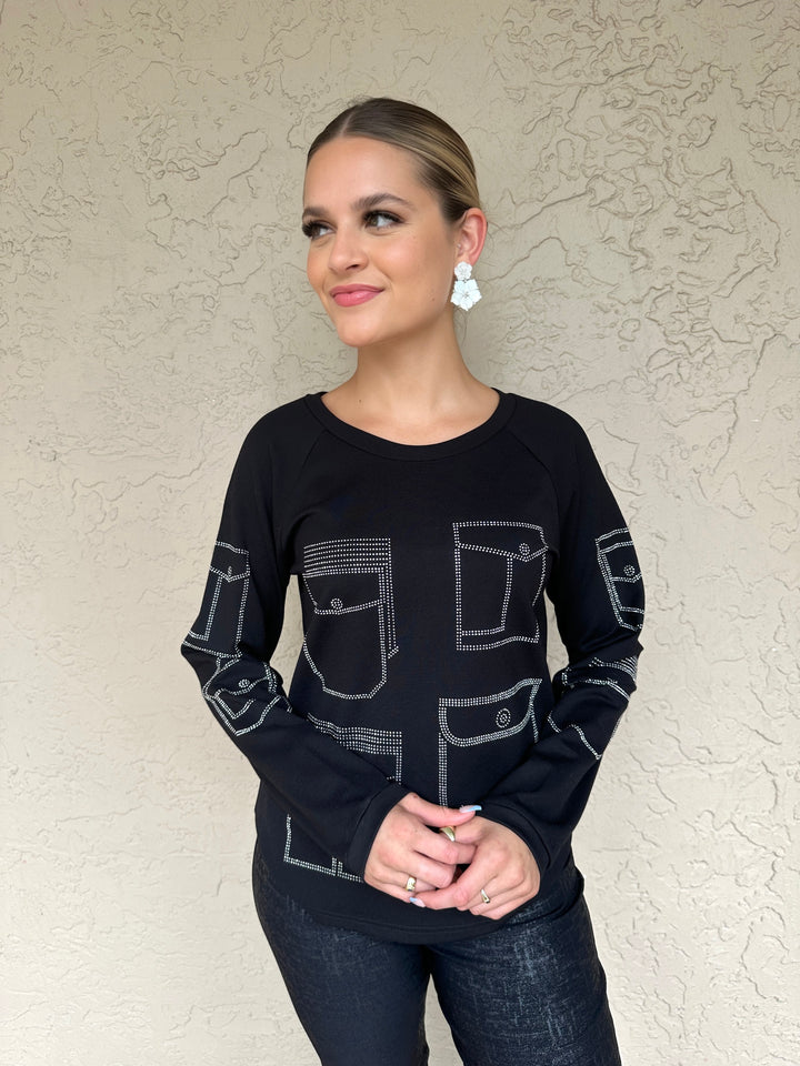 Leo & Ugo Crystal Embroidered Long Sleeve Crewneck