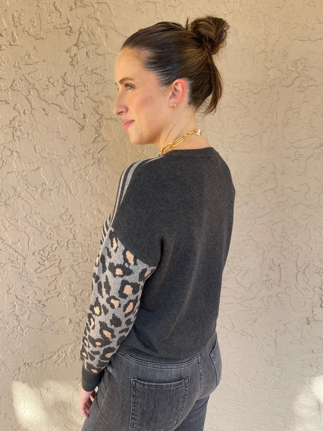 Mixed Stripe Animal Print Sweater