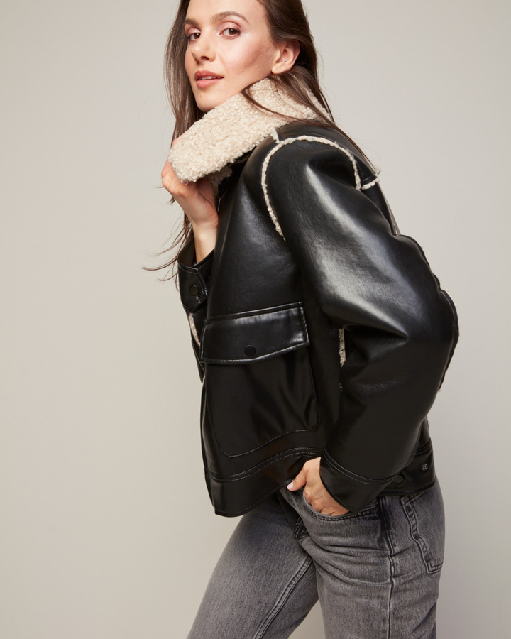 Adroit Atelier Parker Bonded Vegan Leather Aviator Jacket With Collar in Camel/Black available at Barbara Katz