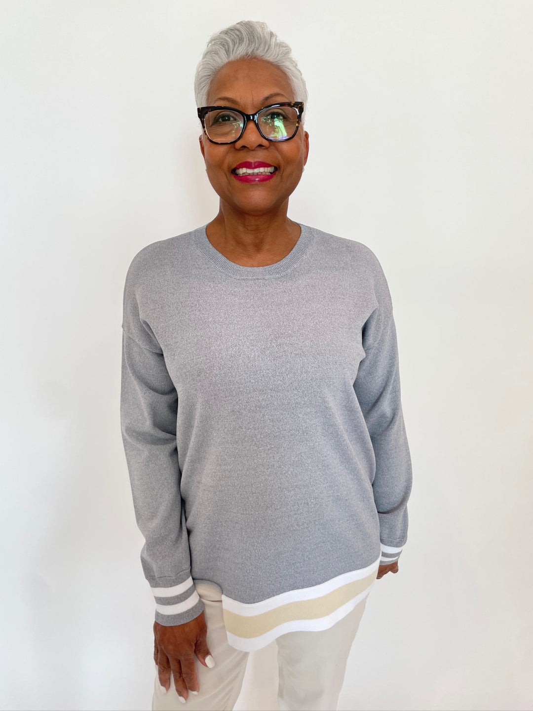 Billie Nancy Knit Crew Sweater With Stripes in Grey/Beige/White available at Barbara Katz