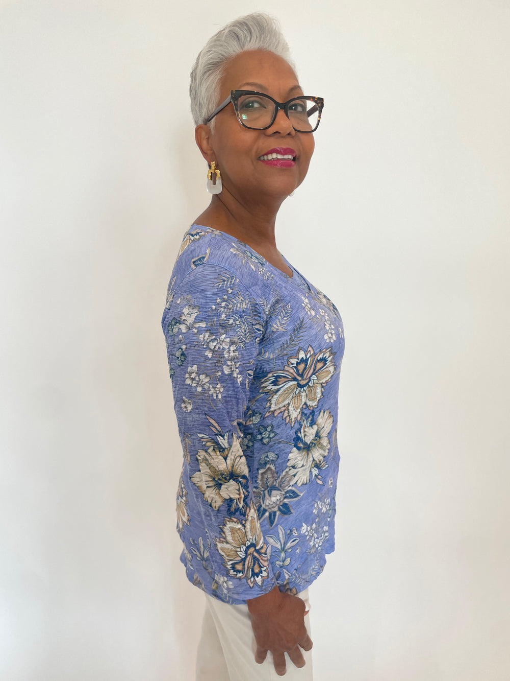 David Cline Luna Double Layer 3/4 Sleeve Top in Capri available at Barbara Katz