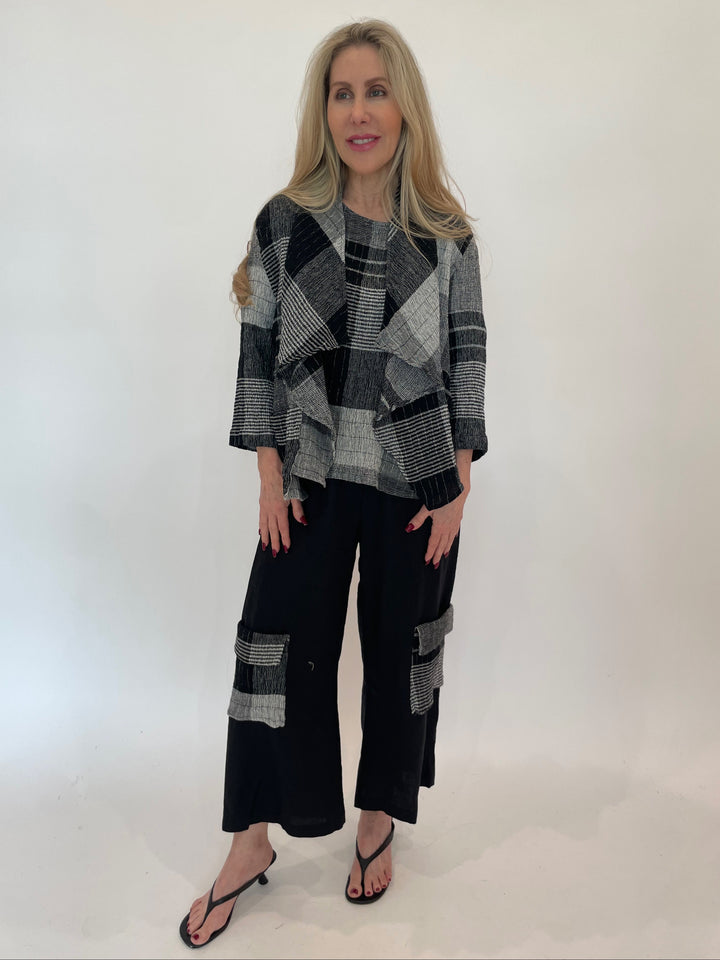 Chalet et Ceci Mina Linen Plaid Jacket in Black paired with matching Dallas Linen Plaid Pant in Black available at Barbara Katz