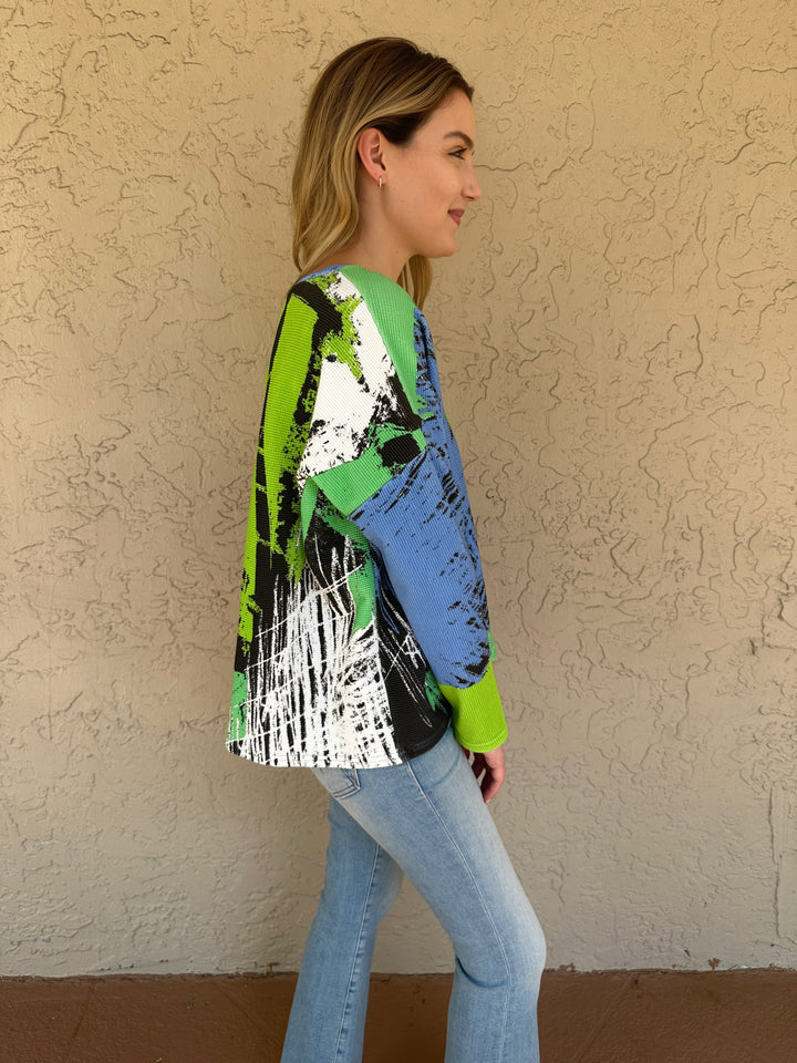 Andrea Geer Thermal Knit Crop Boxy Top - Blue/Green