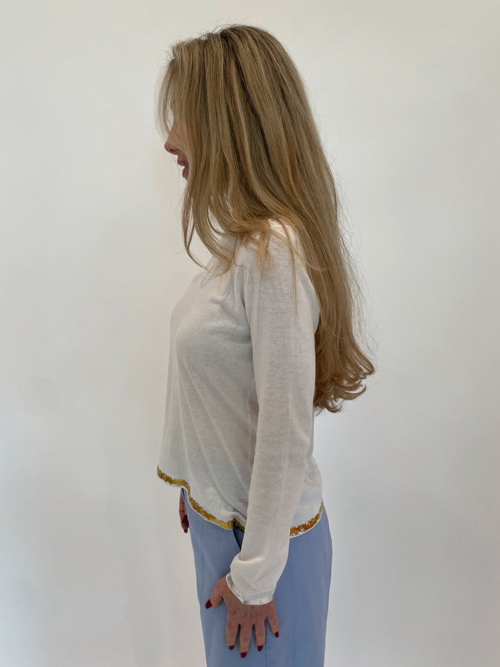 Peace of Cloth Black Sasha Long Sleeve Crew Top With Foil Trim available at Barbara Katz