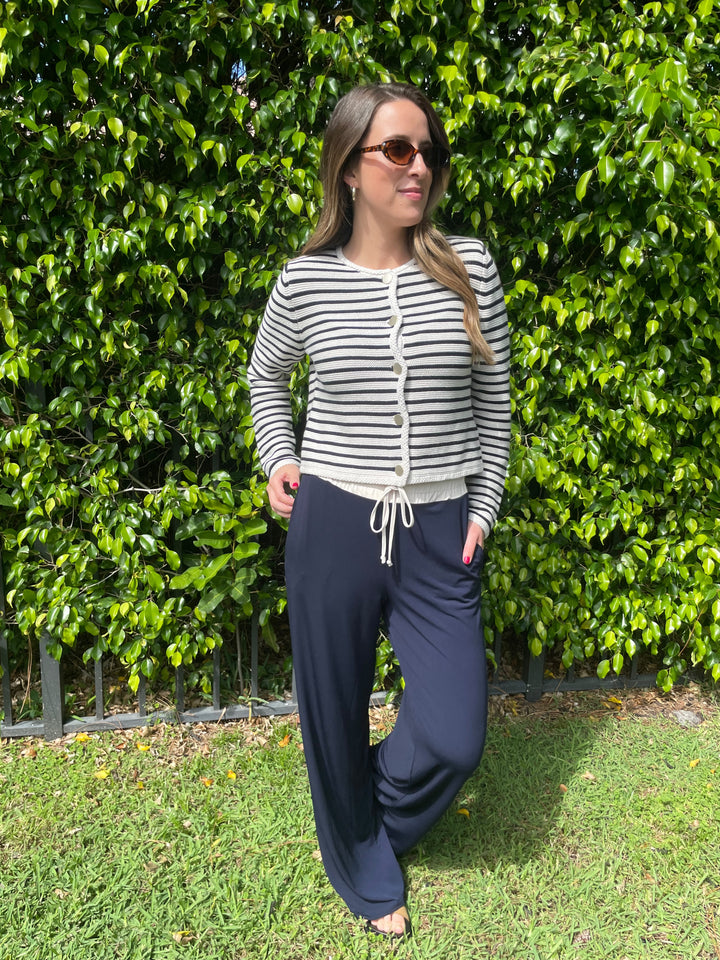 Oui Lindsey Stripe Cardigan in White Blue paired with Mulan Pull-On Trousers in Dark Blue available at Barbara Katz