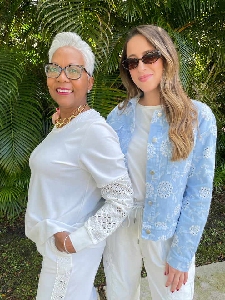 Leo & Ugo Marcella Lace Sleeve Sweater in White and Elliott Lauren Eyelet Jacket in Sky available at Barbara Katz