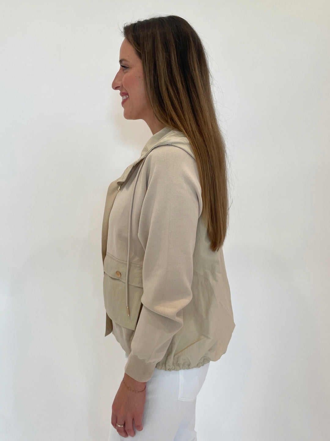 Elliott Lauren Living Proof Zip Front Long Sleeve Jacket in Khaki available at Barbara Katz