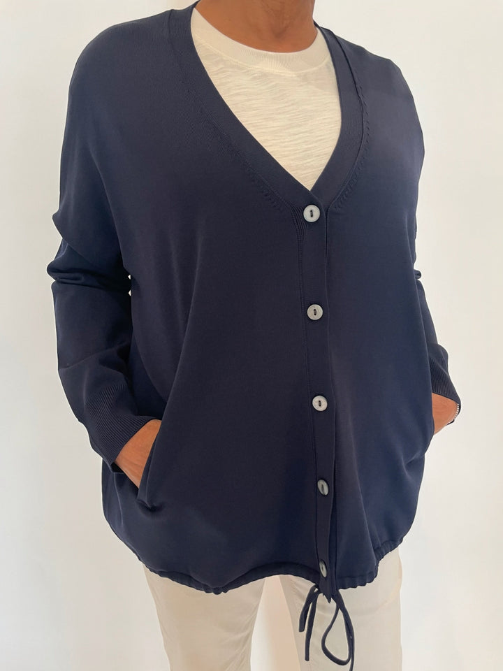 Billie Susana Knit Boxy Drawstring Cardigan in Navy available at Barbara Katz
