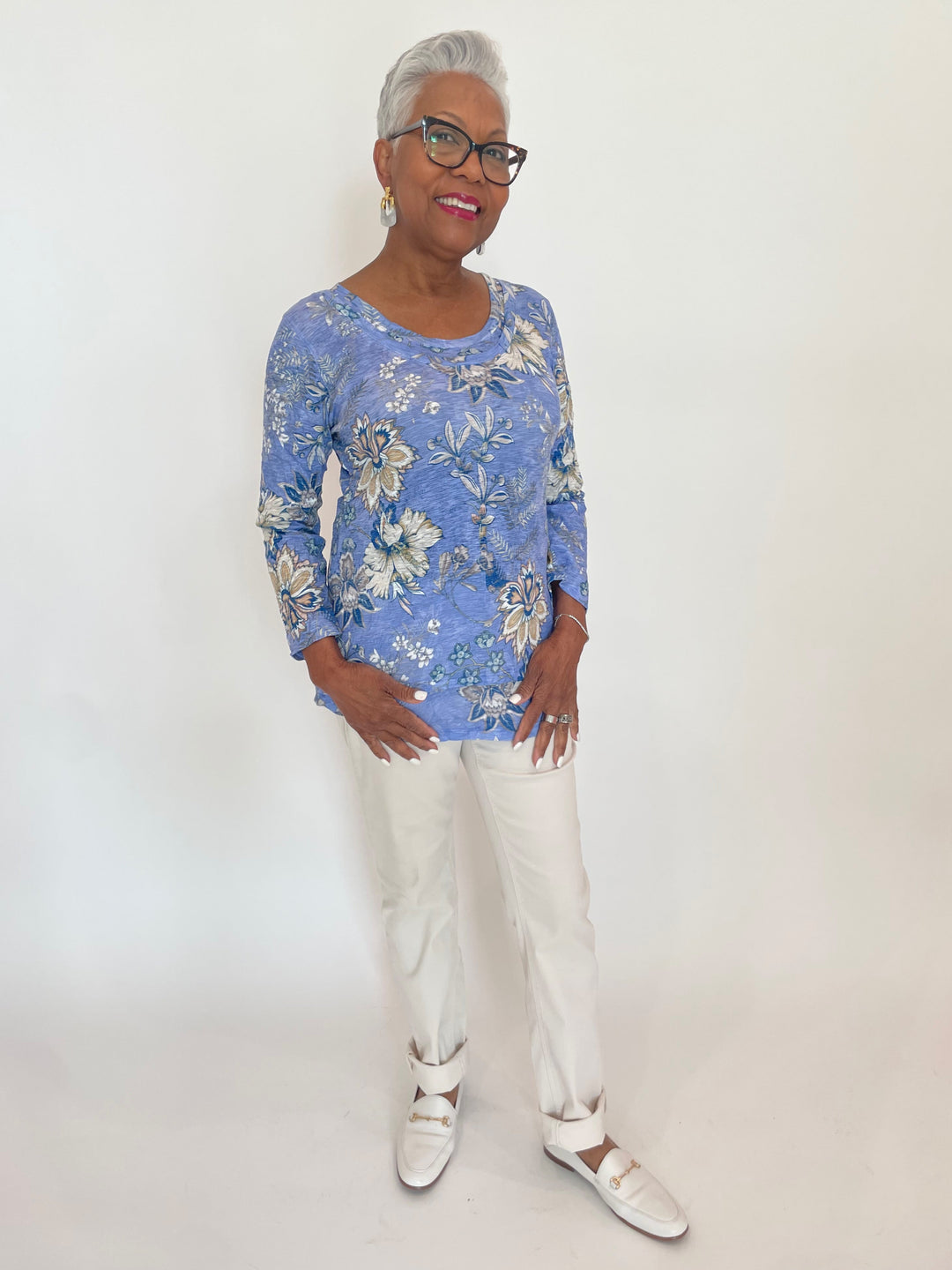 David Cline Luna Double Layer Top in Capri paired with MAC Dream Jeans in Antique White available at Barbara Katz