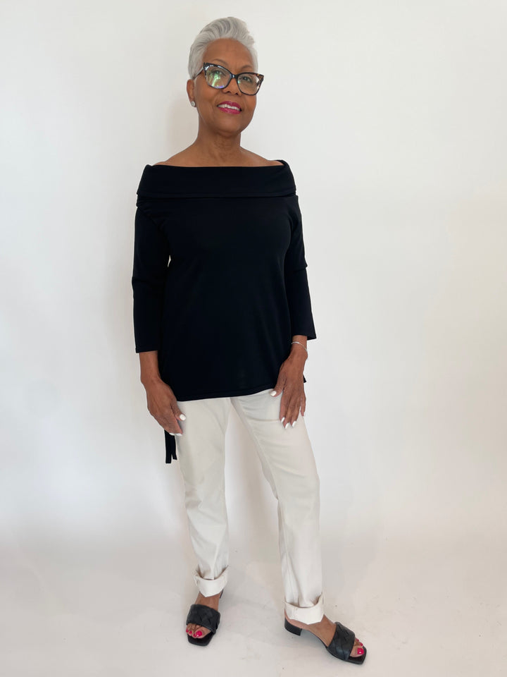 Billie Sandra Off Shoulder Sweater in Black paired with MAC Dream Jeans in Antique White available at Barbara Katz