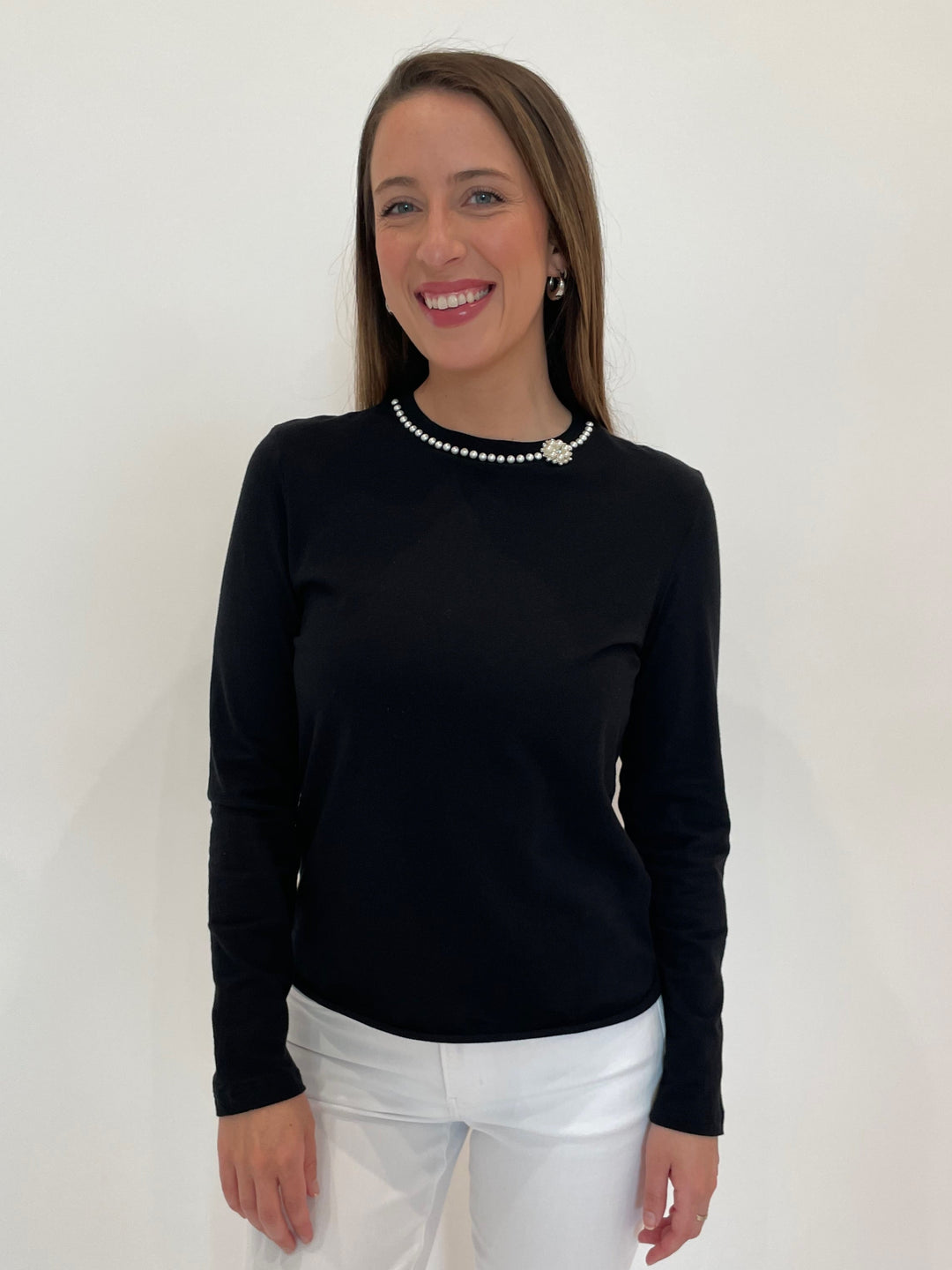 Suzy T Pearl Detail Crew T-Shirt in Black available at Barbara Katz