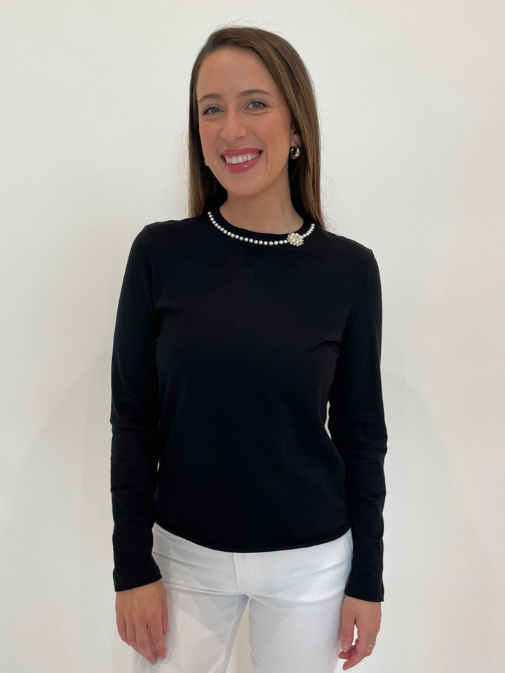 Suzy T Pearl Detail Crew T-Shirt in Black available at Barbara Katz