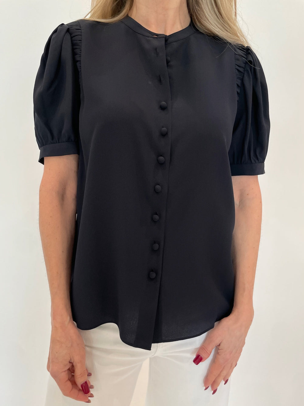 Frame The Silk Gathered Top in Navy available at Barbara Katz