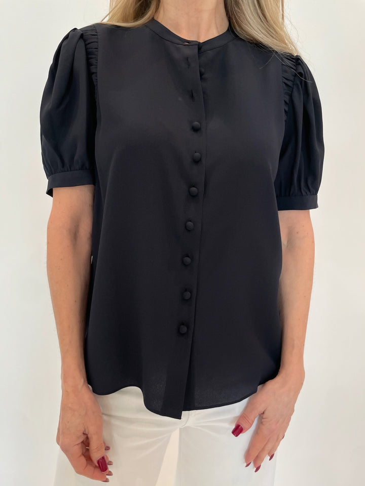 Frame The Silk Gathered Top in Navy available at Barbara Katz