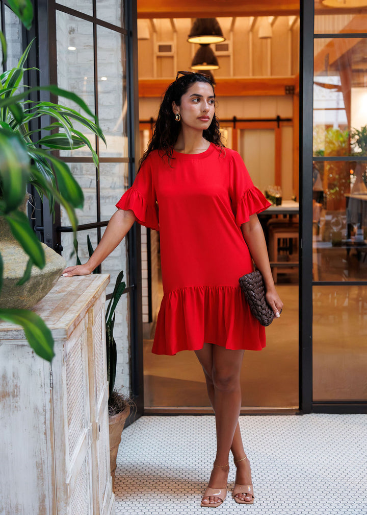 Cinq a Sept Leilah Dress in Red Sapphire with Ben Amun Tortoise Oval Clip Earrings and Remi/Reid Nieves Woven Clutch Bag in Espresso available at Barbara Katz