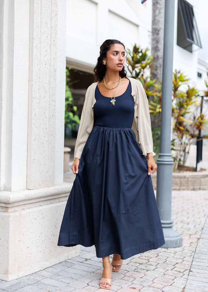 BK Lilian Mixed Media Midi Dress in Navy layered with Cardigan, paired with Lizzie Fortunato Sardina and Mood necklace, Ben Amun Gold Plated Clip Earrings available at Barbara Katz