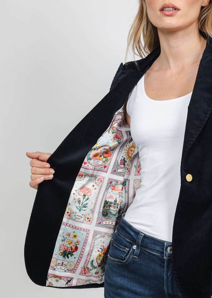 Vilagallo Heart Embroidered Jacket with Ruffle Sleeve - Navy available at Barbara Katz