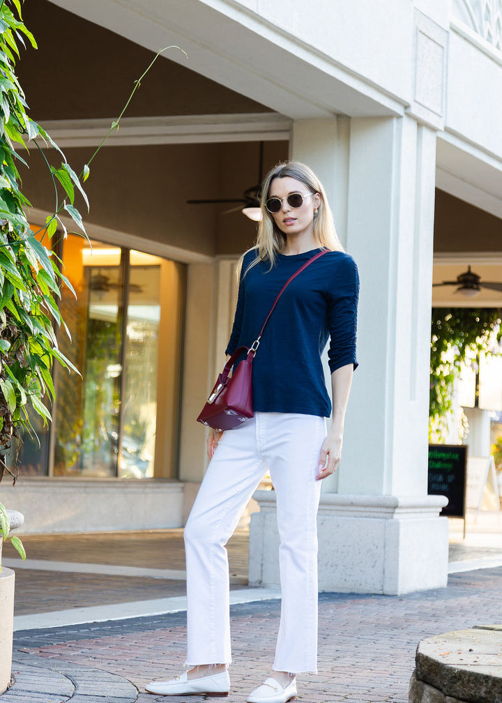 Crissy Crew Neck Ruched Sleeve Tee - Navy