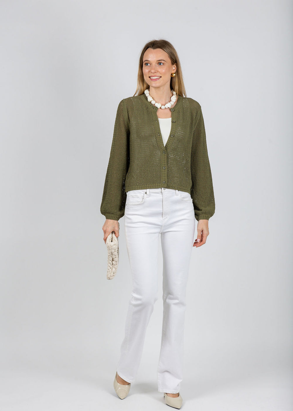 Aldomartins Carmella Mesh Cardigan in Khaki available at Barbara Katz