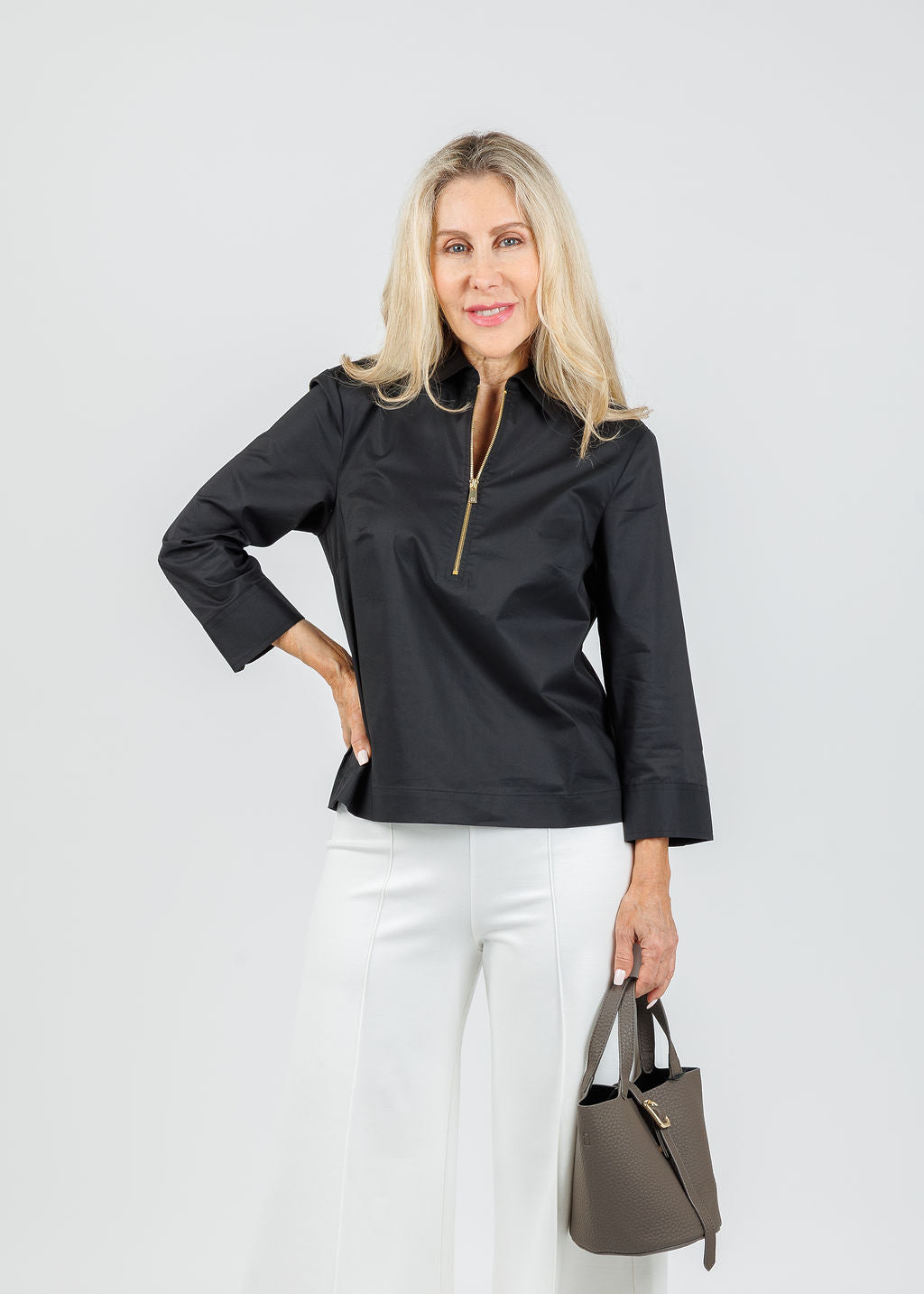 Hinson Wu Alessa 3/4 Sleeve Shirt in Black available at Barbara Katz