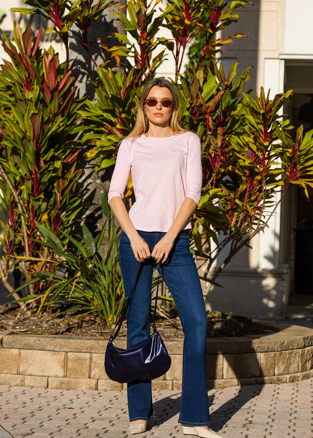 Elliott Lauren Caroline Crew Tee With Rib Sleeve & Gusset in Petal available at Barbara Katz