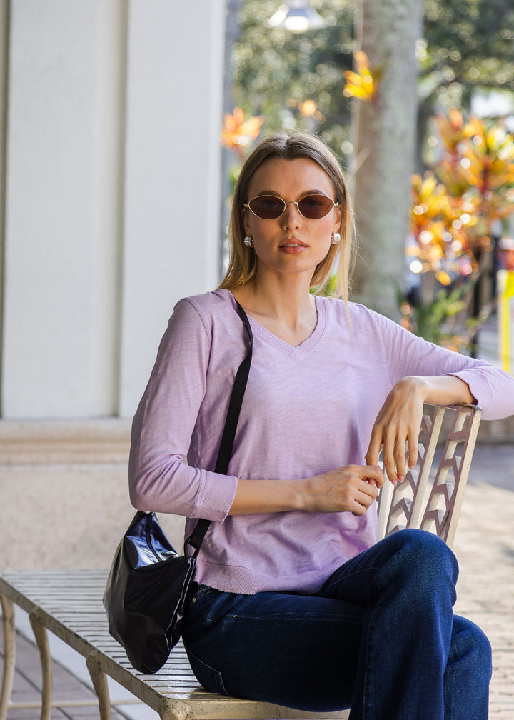 Elliott Lauren Silvie Rib 3/4 Sleeve V-Neck Tee in Lavender available at Barbara Katz
